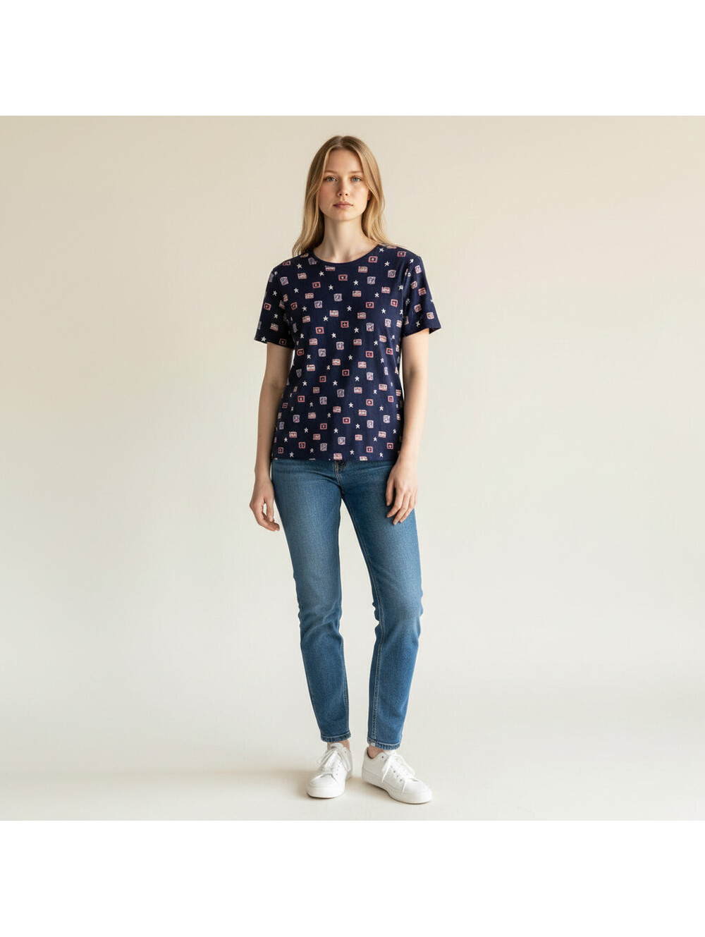 Croft & Barrow T-Shirt Women L Large Blue Geometric Short Sleeve Cotton Casual